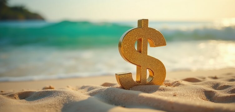 Golden dollar symbol stands on sand of tropical beach near blue ocean waves. Creative concept shows expensive travel costs holiday budget planning. Financial sign in seaside scenery illustrates