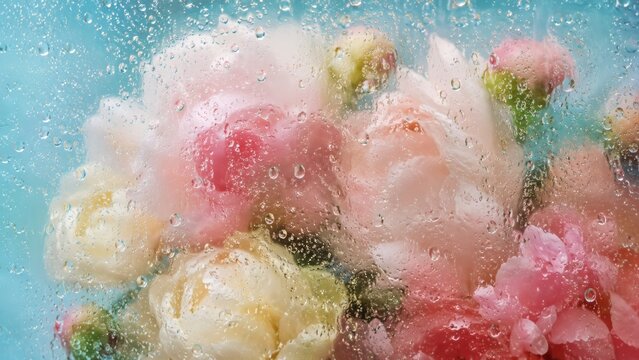 Fragile botanical arrangement of blush, cream and pink peonies behind wet glass, with airy light blue negative space, softened petals and shimmering condensation as a concept of the glass ceiling