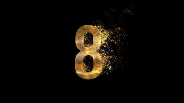 Beautiful Golden Number 8 with golden particles and transparent background, golden number eight
