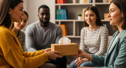Fototapeta premium Group therapy session with people sharing a tissue box, representing support, empathy, and shared emotional experience during counseling