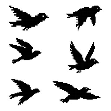 Flying bird silhouettes pixel art