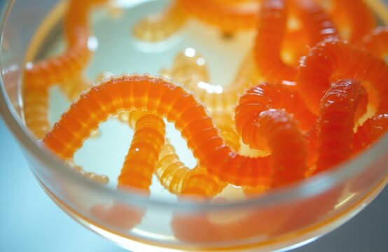 Orange parasitic worms float in clear liquid inside glass petri dish laboratory container. Scientific close up view of aquatic helminths studied under microscope for biology research. Dangerous fish