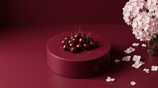 A pile of fresh cherries on a dark red circular pedestal with flowers