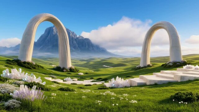 Surreal Fantasy Landscape Featuring Giant Stone Arches and Glowing Crystal Formations on Green Hills