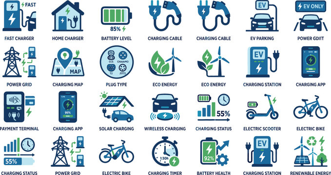 Electric Vehicle Charging and Eco Energy Icon Set Featuring EV Station Battery Green Power Cable and Sustainable Transportation Elements