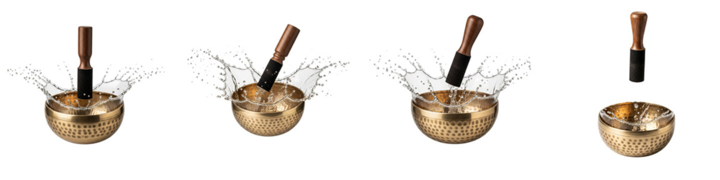 Tibetan singing bowl with splashing water and wooden mallet on black background