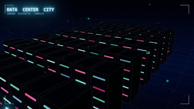 Data center hall server rack rows, computing hardware and data center concept 3D animation, seamless loop.
