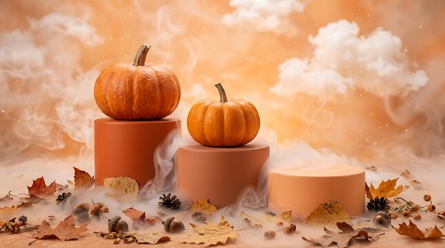 Autumn pumpkins on pedestals with fall leaves and fog background