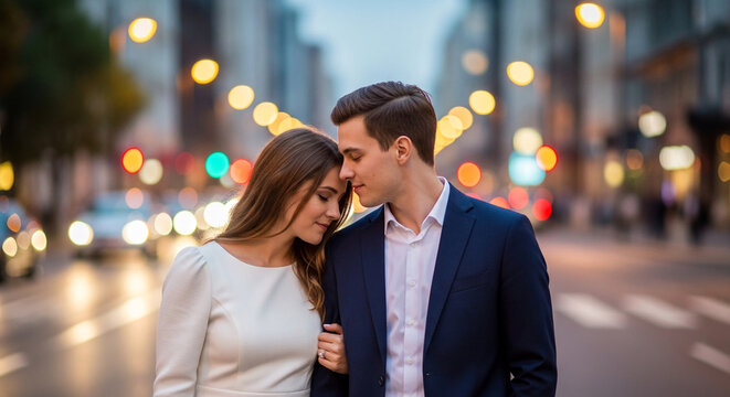 Couple embracing in city street at dusk, bokeh lights symbolize romance and urban setting, representing love and connection