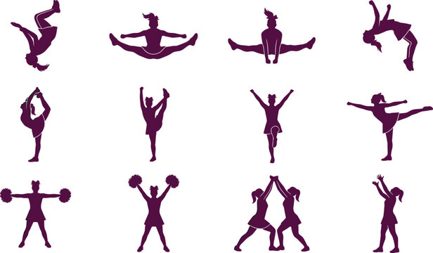 Cheerleader Silhouette Collection with Pom Pom Dance Stunts Backflip High Kick Stretch and Cheerleading Performance Action Poses Vector Illustration Set