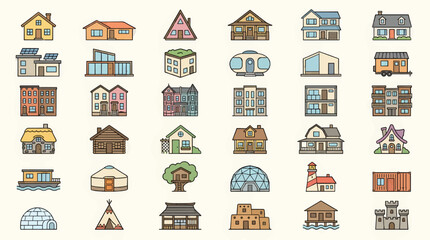 Flat Vector Icon Sheet Set of Diverse House Types, Including Modern, Traditional, and Unique Dwellings, Isolated on White Background © Nurulstudio