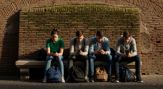 Four young people look at their phones while sitting on a stone bench against a brick wall, symbolizing disconnection from surroundings and digital immersion.