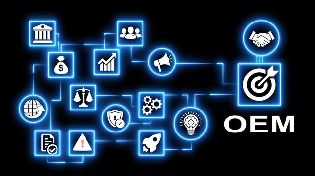 Neon blue oem business concept infographic network animation with digital icons on black background loop.