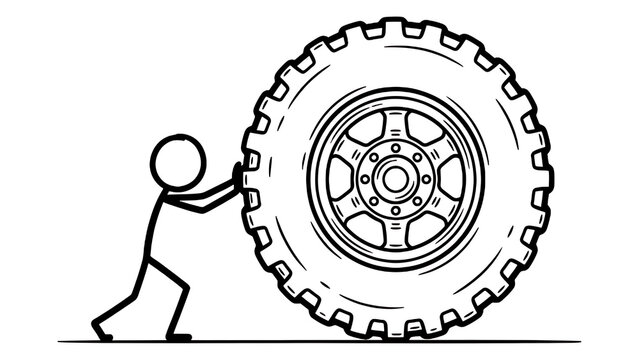 A minimalist stick figure pushing a massive tire representing hard work determination and the effort required to overcome difficult obstacles