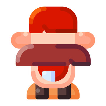 Person with a mustache and cap is smiling with a single tooth.