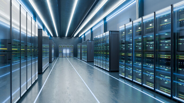 3D render of a High-Tech Cloud Computing Infrastructure with Intelligent Server Racks