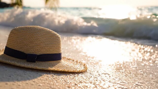A Serene Beach Scene Featuring a Straw Hat Resting on the Shoreline as Waves Gently Lapping at the Sand Under the Glowing Sunlight