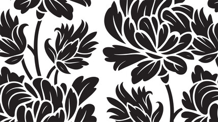 Fototapeta premium Seamless Black Carnation Chrysanthemum Vector Pattern with Vintage Floral Blossoms and Stems for Textile Design