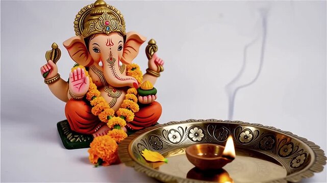 Ganesha idol with traditional puja setup