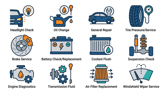 Colorful Icons Representing Automotive Services and Repairs.