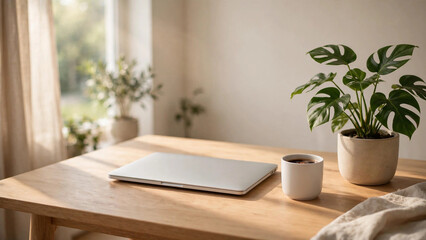 Fototapeta premium Minimalist home office desk with laptop, monstera plant and ceramic mug in warm morning light