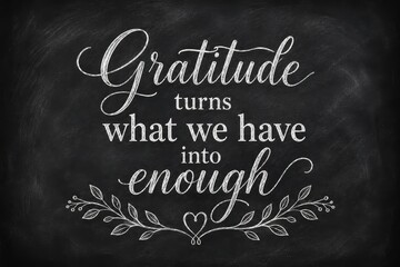 Obraz premium Gratitude lettering with laurel wreath illustration on black chalkboard background