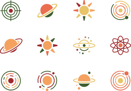 Set of colorful space and science icons including planets stars and orbits for astronomy design