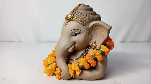 White Ganesha idol with orange marigold garland