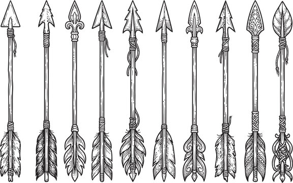Hand Drawn Vintage Tribal Arrows Set- Engraving Style Illustration