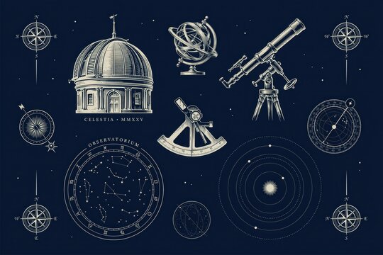 Astronomical set featuring an observatory dome, telescope, armillary sphere, sextant, constellations, and compass roses on dark blue