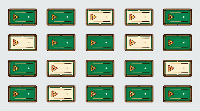 Flat Vector Icons of Billiard Tables in Bird's Eye View, Balls in Triangle Formation, Cues and White Ball on Green and Cream Felt, Graphic Resource Set