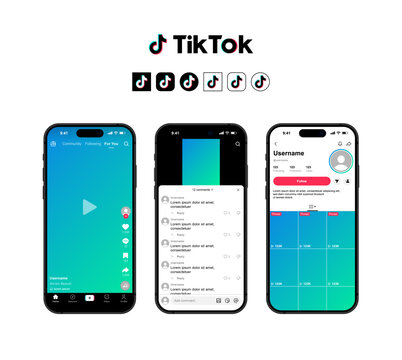 TikTok mobile app UI mockup on Apple iPhone. Social Media Interface. Editorial Vector Illustration.
