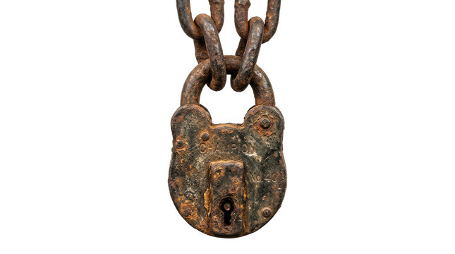 Old rusty padlock hanging on a chain isolated on transparent background
