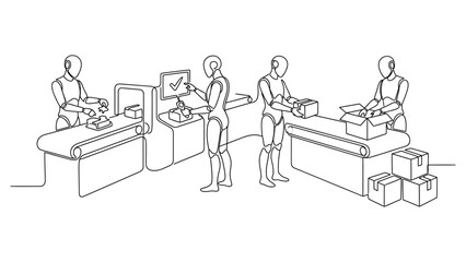 Obraz premium Continuous line drawing of robots working on a factory production line