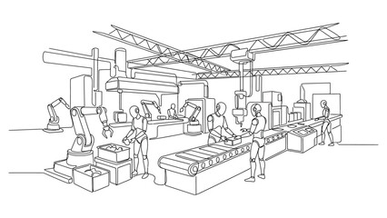 Fototapeta premium Continuous line drawing of a modern automated industrial factory with robotic arms and workers