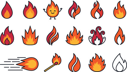  Flame and bonfire vector silhouette icons with solid black glyph hot fire symbols © MstMonira