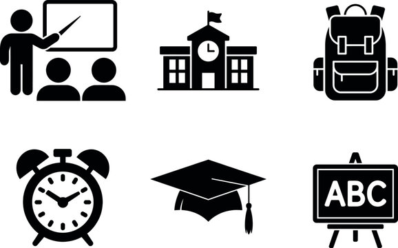 Flat icons set of education and school symbols with black style