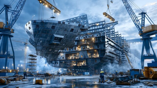 Heavy industry engineering site with massive ship under construction at dusk