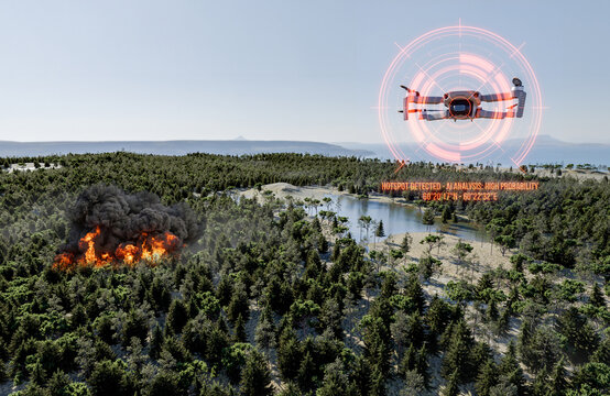 3D render Aerial view of a dence Forest with Ai drone