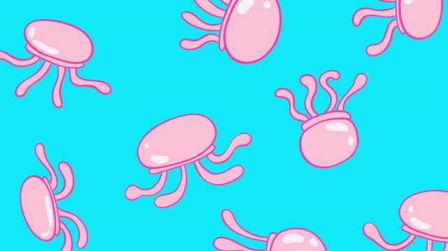 2D cartoon animation pattern of pink jellyfish swimming in blue water seamless loop. Motion background for game or screen saver.
