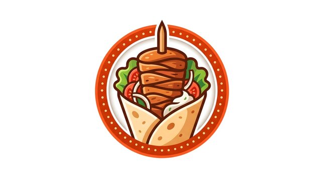 A clean and professional vector logo emblem features a delicious doner kebab shawarma wrap filled with grilled sliced meat on a vertical rotisserie skewer