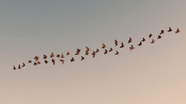 mixed flock of birds flying together, balanced spacing, natural lighting, clean minimal background