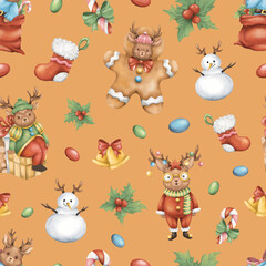 Fototapeta premium Christmas Seamless Pattern Reindeer Gingerbread Snowman Watercolor Holiday Kids Fabric 
