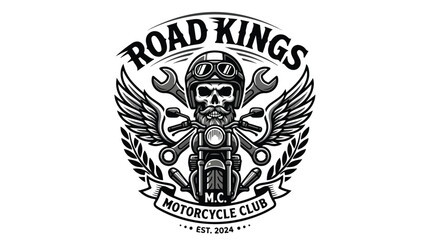 Fototapeta premium Motorcycle club logo features a skull wearing a helmet and goggles with crossed wrenches and wings, representing a bold emblem for automotive enthusiasts who love the freedom of riding on the open.