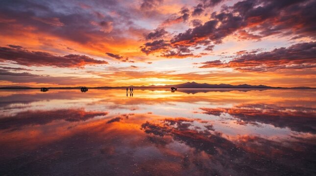 Vivid Sunset Reflected on Salt Flat Creating Symmetrical Landscape