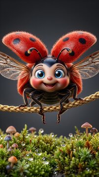 Cute ladybug character with open wings, adorable 3D cartoon beetle on rope, whimsical insect illustration for kids
