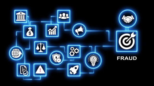 Fraud detection animated flowchart with glowing neon icons and connecting lines on a dark background.