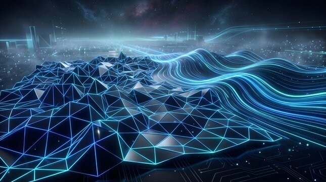 Futuristic digital landscape with blue wireframe mesh, glowing data waves and cyber city background, abstract technology network visualization