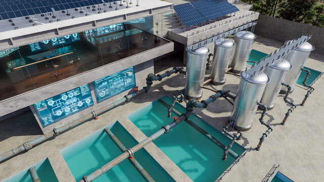3D illustration top view of a Advanced Smart Water Treatment Plant with Digital Monitoring and Industrial Filtration System