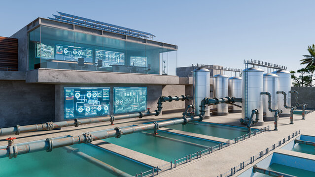 3D illustration of a modern water treatment facility with DIGITAL monitoring screens